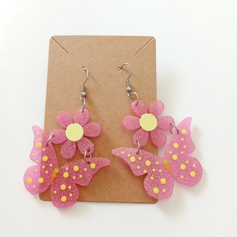 Pink Butterfly and Flower Earrings - Picture 2 of 4